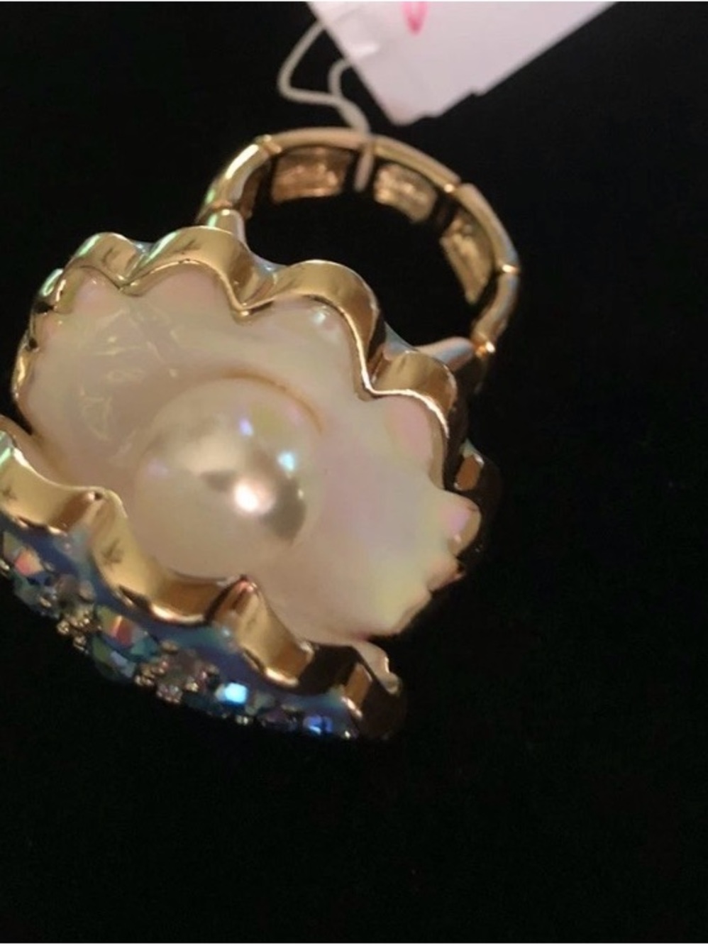 New Betsey Johnson Gold-Tone Pearl Shell stretch Ring with Aqua Crystals - Picture 15 of 16